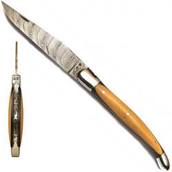 Laguiole Boxwood ebony Damascus knife, leather case