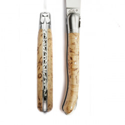 Laguiole Curly birch handle Nature knife, safety lock, leather case
