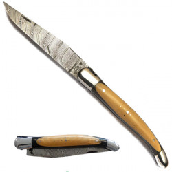 coltello Laguiole Damasco legno ebano-bosso, con una custodia in pelle