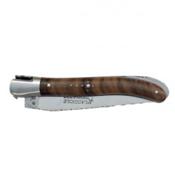 Laguiole walnut burl guilloched Nature knife, safety lock, leather case