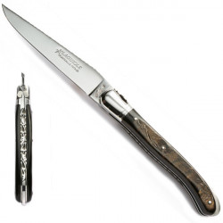 Natural buffalo guilloched Laguiole Nature knife, safety lock, leather case
