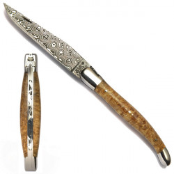coltello Laguiole Damasco nodo d’amboina, con una custodia in pelle