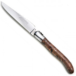 Laguiole maple burl guilloched Nature knife, safety lock, leather case