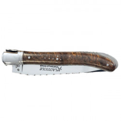 Laguiole maple burl guilloched Nature knife, safety lock, leather case