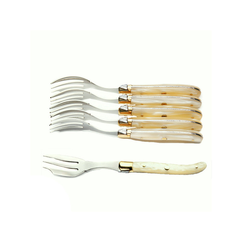 Laguiole 6 natural marbled Nacrine handle cake forks (or oyster)