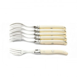 Luxury boxed set of 6 Ivoirine cake (or oyster) forks, ivory look handle forks