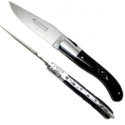 Laguiole buffalo black horn handle hunting knife, leather case