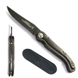 Laguiole black full grain leather handle knife, leather case
