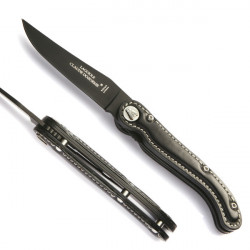 Laguiole black full grain leather handle knife, leather case