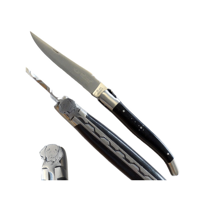 Laguiole dog knife, ebony wood handle, black case