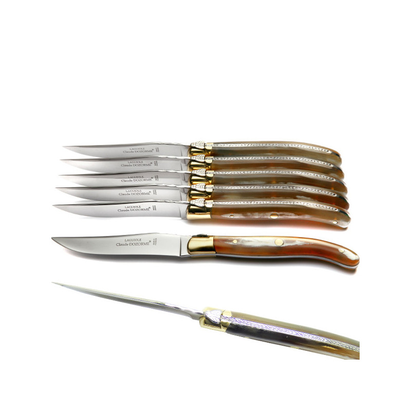 Laguiole boxed set of 6 real clear horn handle knives