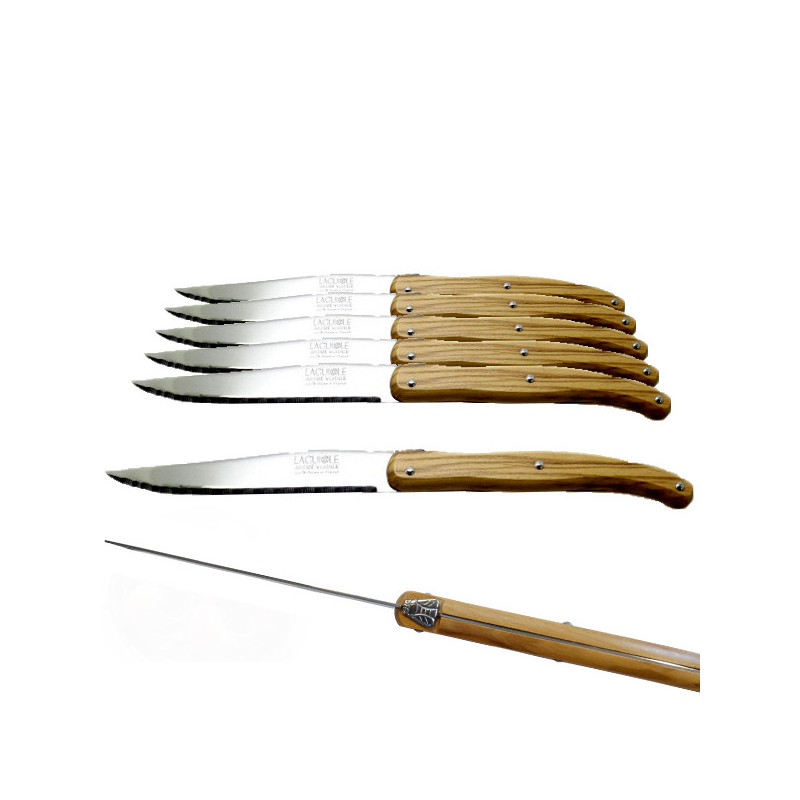 6 coltelli Laguiole, manico in legno d'ulivo, fatti a mano