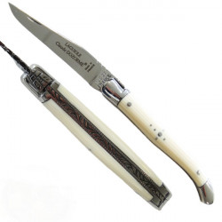 Laguiole small knife, ivory tone handle, leather case