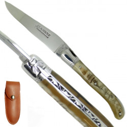 Laguiole ram's horn Nature knife, safety lock, leather case