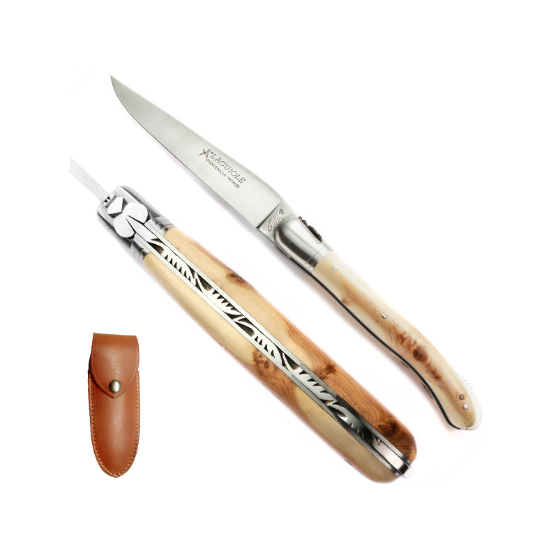 Laguiole Juniper burl handle Nature knife, safety lock, leather case