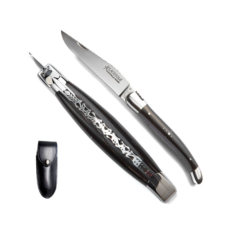 Laguiole polished buffalo horn guilloched knife, leather case