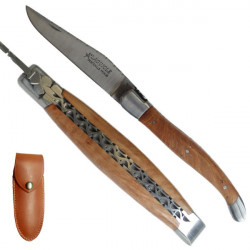 Laguiole Briarwood handle guilloched knife - matt blade, leather case
