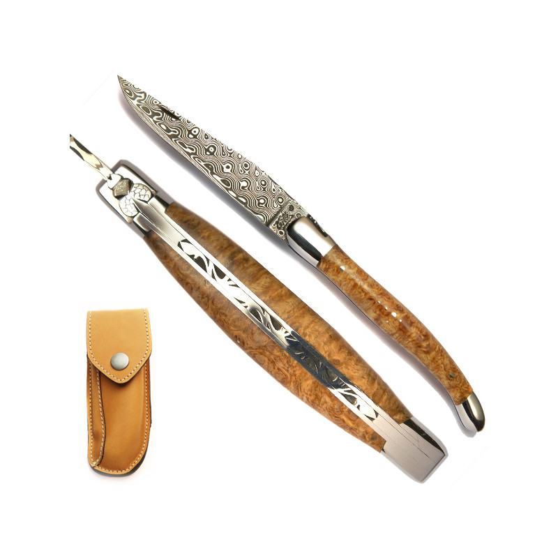 Laguiole Sammlermesser mit Griff aus Edelholz "Loupe d'Amboine" und Damastklinge mit Leder-Etui