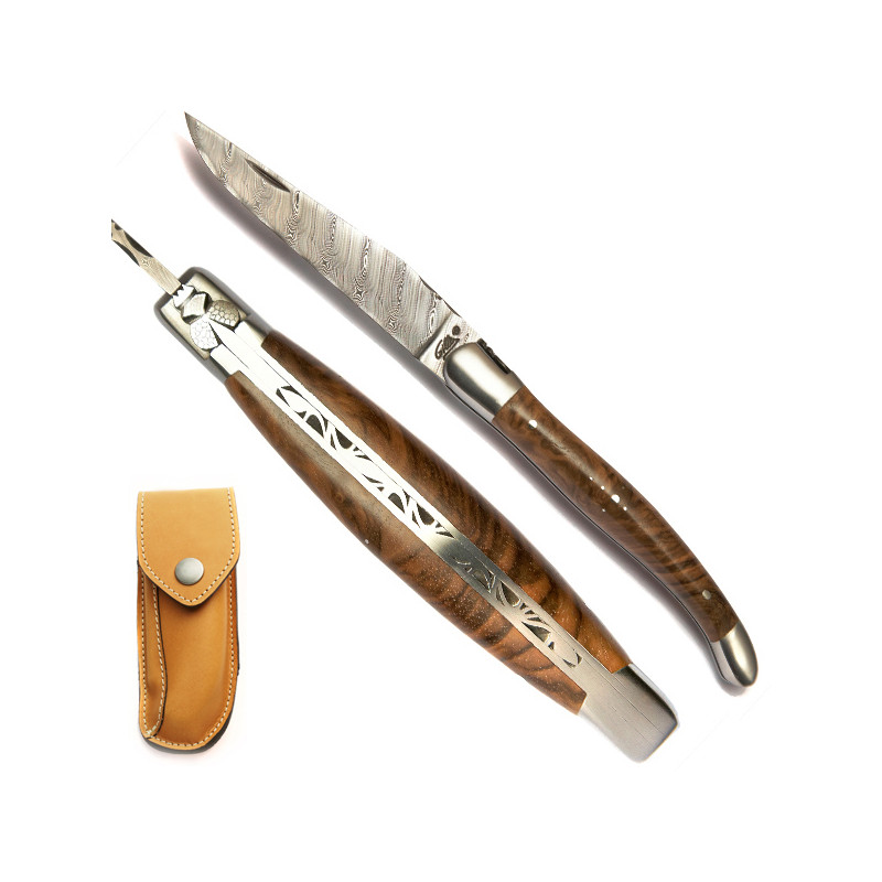 Laguiole Sammlermesser mit Walnussholzgriff und Damastklingeife mit Leder-Etui