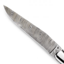 coltello Laguiole Damasco avorio di mammut, con custodia in pelle (con clip da cintura)