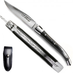 Laguiole black horn knife - Classic range, leather case