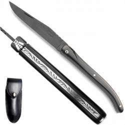 Laguiole ebony knife - Classic range, black blade, leather case