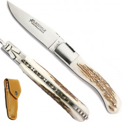Laguiole antler handle hunting knife, leather case