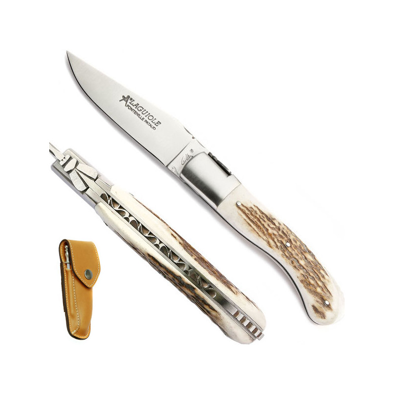 Laguiole antler handle hunting knife, leather case