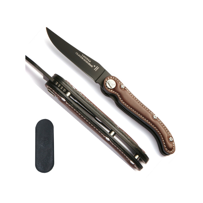 Laguiole brown full grain leather handle knife, lethear case