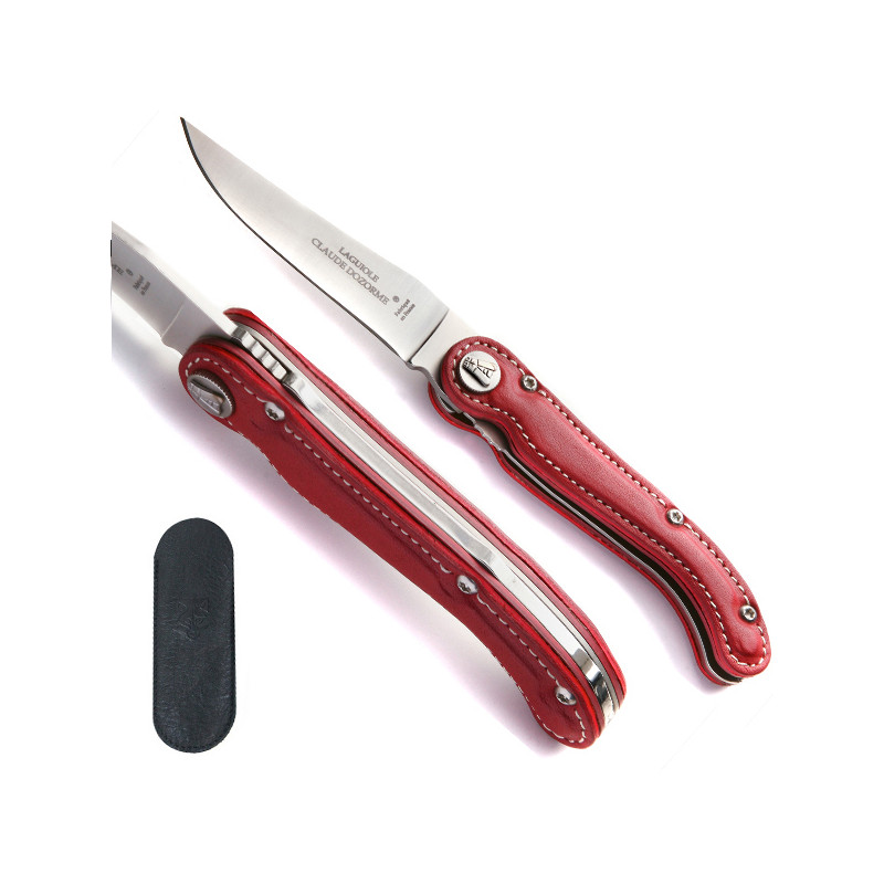 Laguiole red full grain leather handle knife, leather case