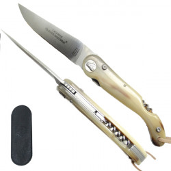 Laguiole white horn sommelier knife with corkscrew, leather case