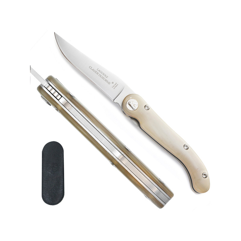 Laguiole white horn knife, leather case