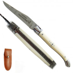 Laguiole small knife, ivory tone handle, leather case