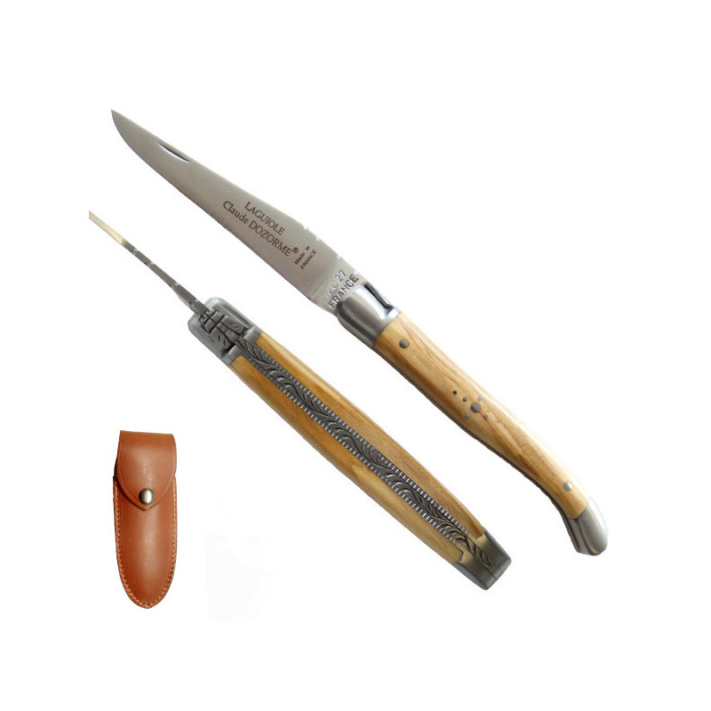Laguiole small knife, olive wood handle, leather case