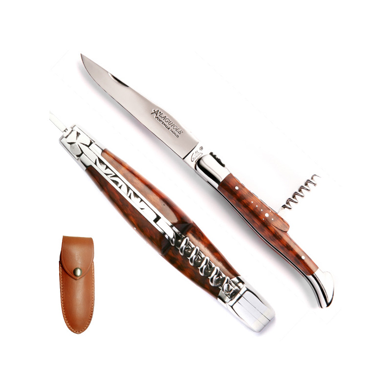 Laguiole amourette wood sommelier knife, leather case