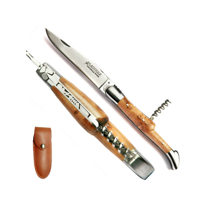 Laguiole juniper burl sommelier knife, leather case