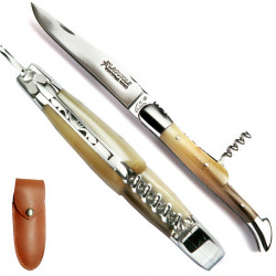 Laguiole horn tip sommelier knife, leather case