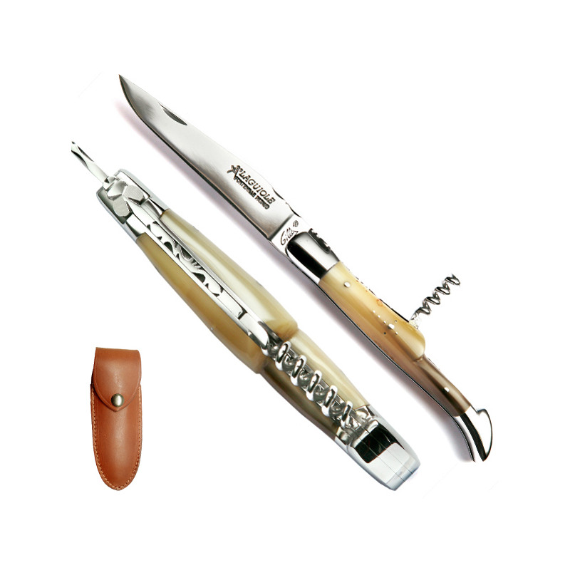 Laguiole horn tip sommelier knife, leather case