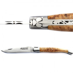 Laguiole curly birch handle knife, leather case
