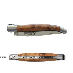 Laguiole juniper burl handle knife, leather case