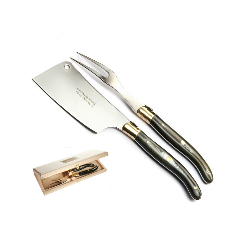 Laguiole boxed set of cheese cleaver and fork dark horn handle
