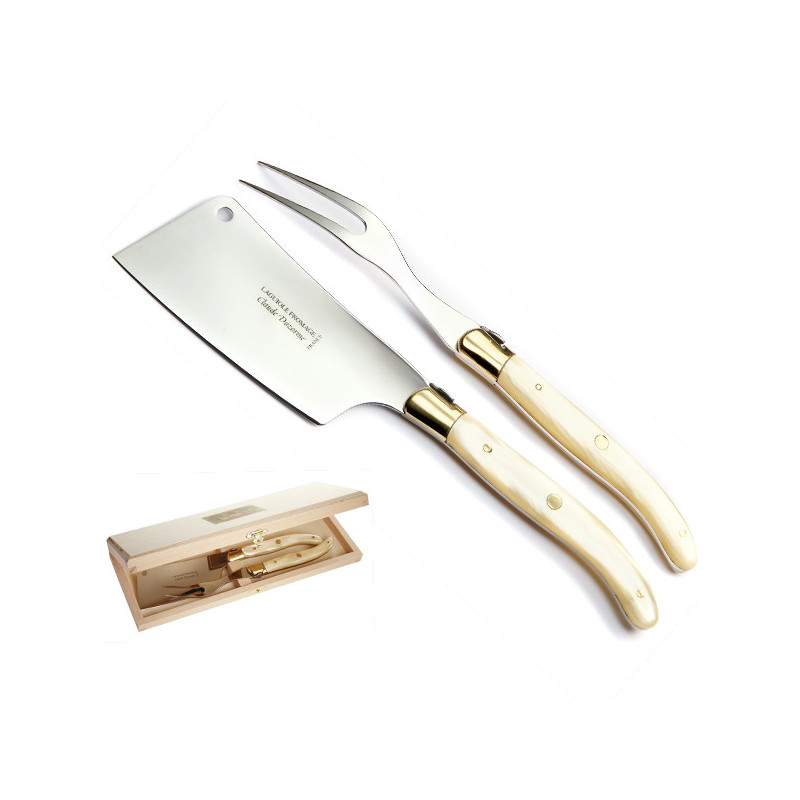 Laguiole cheese set with cleaver and fork, natural marbled Nacrine handle, single
