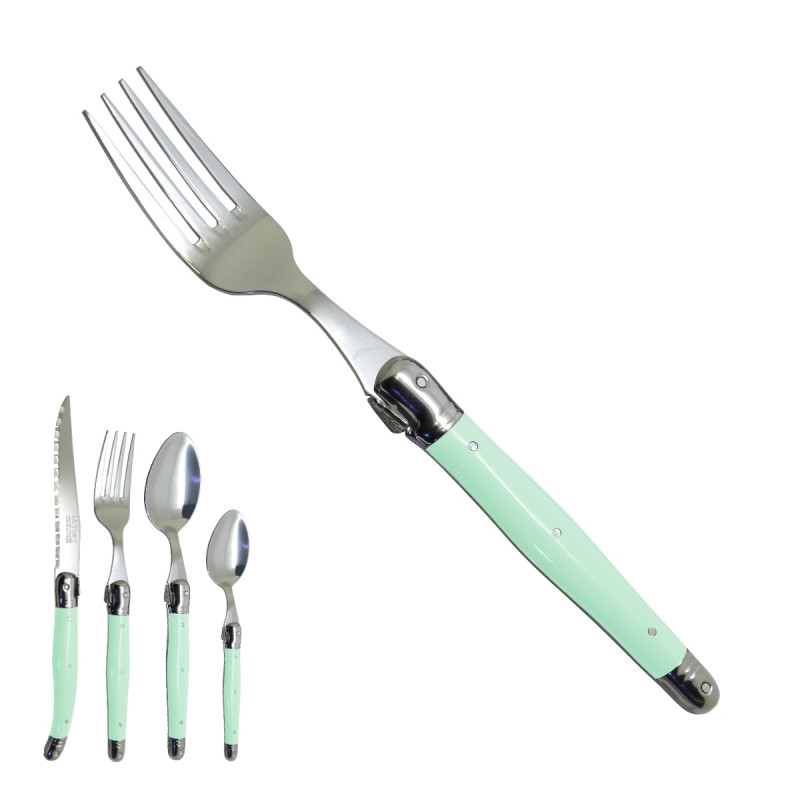 Pale green Laguiole fork "I create my table", handmade in France.
