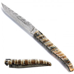 coltello Laguiole Damasco dente di mammut, con custodia in pelle