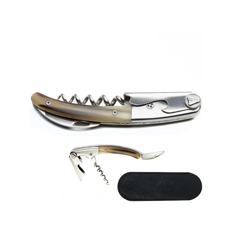 CLOS Laguiole, clear Horn corkscrew with leather case