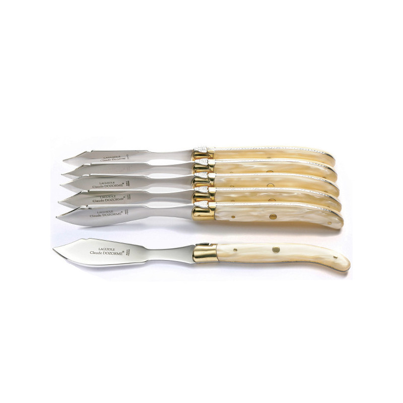 6 cuchillos de pescado Laguiole Excellence, mango de perlas (tono marfil).